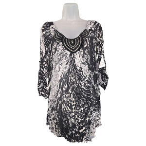 Bisou Bisou Women Sz Medium NWT Black Gray Silver Embellished Crinkle Blouse Y2K